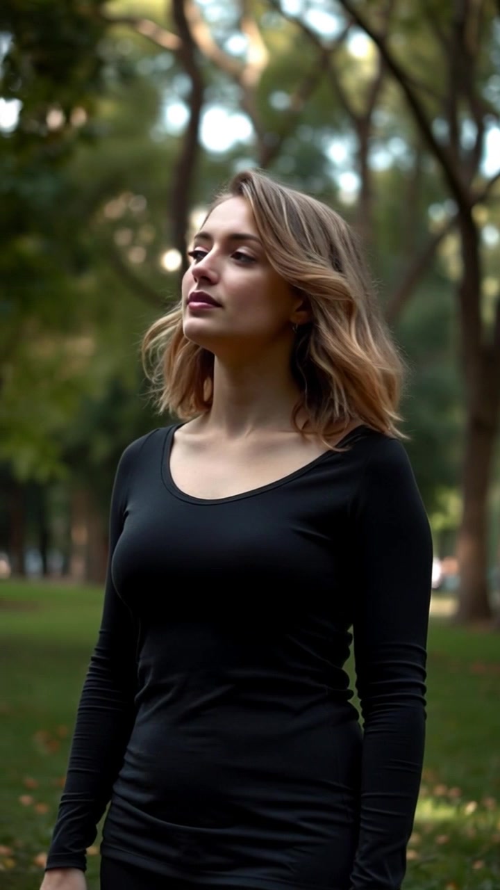 Subject: Ashley standing in a park, whispering to herself. Subject movement: Ashley shifts her weight and glances around, lost in thought, as the trees sway gently in the breeze. Scene: A tranquil park setting with vibrant greenery and soft, dappled sunlight filtering through the leaves. Style: Soft morning light creating a warm and inviting atmosphere. Motion: The camera smoothly pans around Ashley, capturing her contemplative expression and the gentle movement of the surrounding trees.