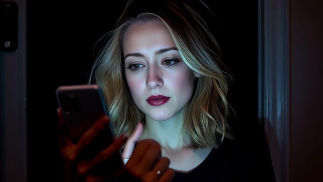 Subject: A woman holding a smartphone. Subject movement: She appears to lower the phone slightly, her expression shifting to one of disappointment. Scene: A dark room with minimal ambient light, the glow of the smartphone screen illuminating her face. Style: Dimly lit atmosphere with stark contrasts highlighting her features. Motion: The camera slowly pushes in on her face, capturing the subtle nuances of her expression as the ambient shadows play across the room.