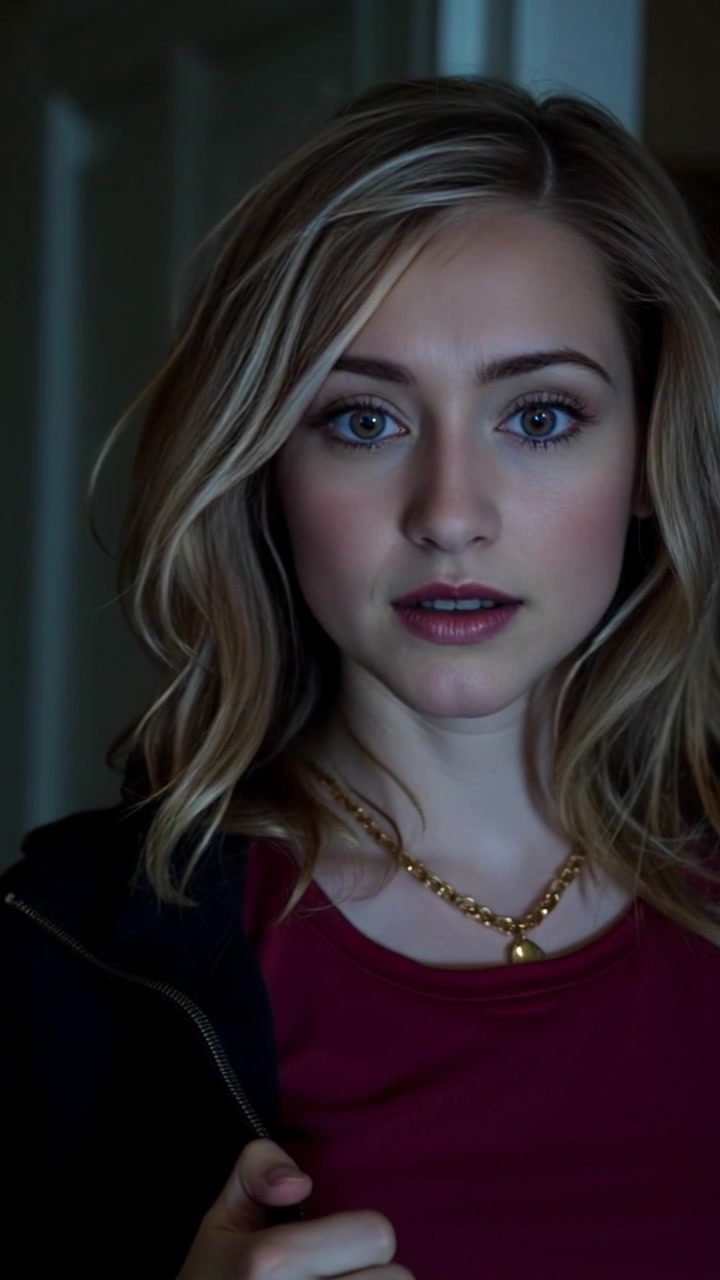 Subject: A young woman looking startled. Subject movement: She takes a quick step back, her eyes wide with surprise as she hears a sudden noise. Scene: An urban street at dusk, with blurred city lights glowing in the background. Lighting: Soft, ambient streetlights casting a warm glow mixed with the fading light of sunset. Motion: Camera pulls back slightly to capture her expression and the immediate area around her, creating a sense of urgency and mystery.