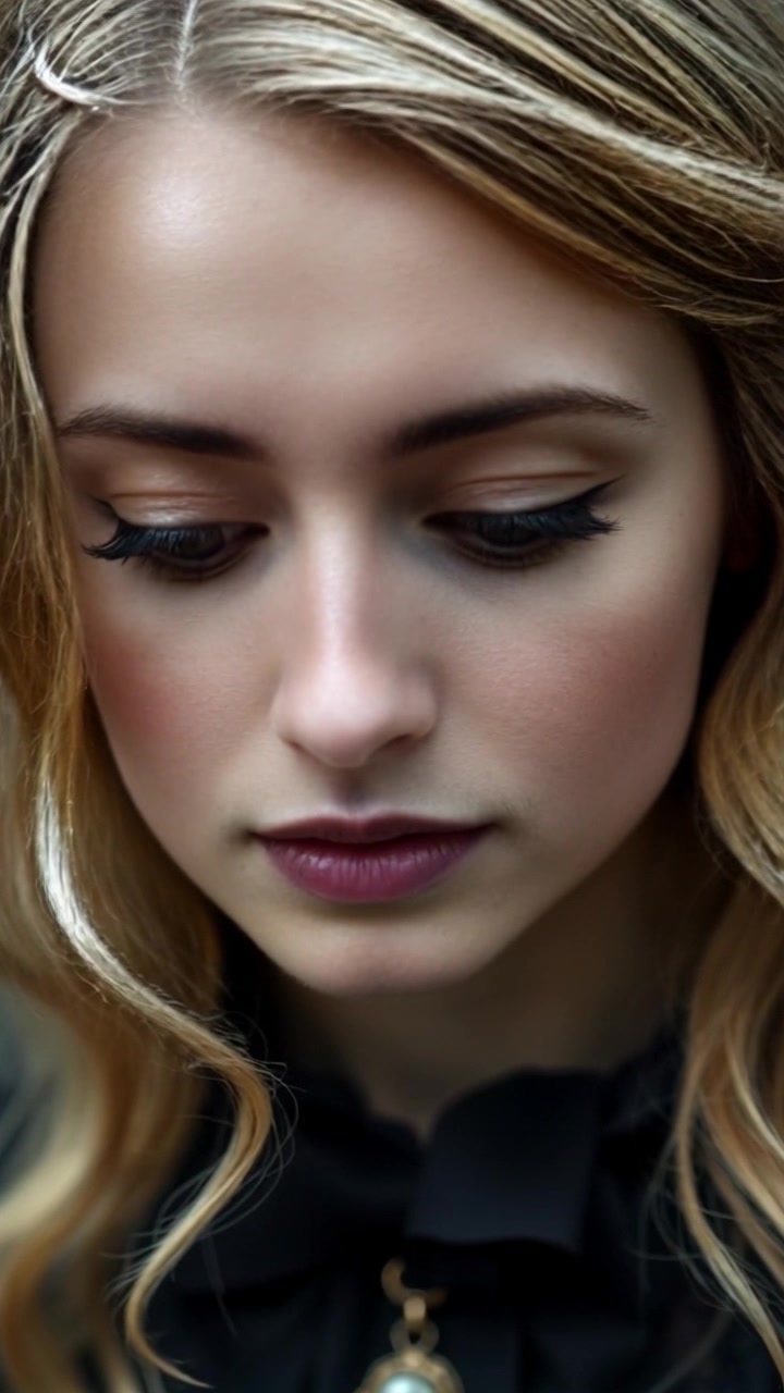 Subject: A close-up of a person's face with deep blue eyes. Subject movement: The person's eyes blink softly as they gaze thoughtfully at something off-screen. Scene: A gentle, softly blurred background that provides a slight contrast to the clarity of the face. Style: Ambient lighting highlights the features, creating a warm and inviting atmosphere. Motion: The camera performs a subtle push-in towards the face, creating an intimate connection with the viewer.