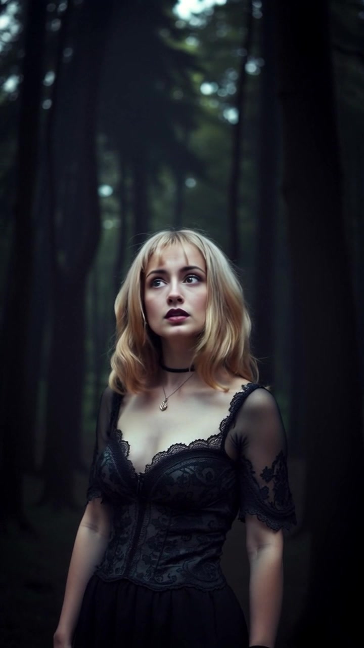 Subject: A figure standing in a dimly lit forest. Subject movement: The figure, looking around with a fearful expression, shifts nervously among the tall trees, casting uneasy glances. Scene: Dense, shadowy forest with towering trees that loom overhead, creating a claustrophobic atmosphere. Style: Low, moody lighting accentuates the dark surroundings and heightens the suspense. Motion: The camera employs a handheld tracking shot, weaving between the trees while slowly closing in on the figure, enhancing the feeling of unease and tension.