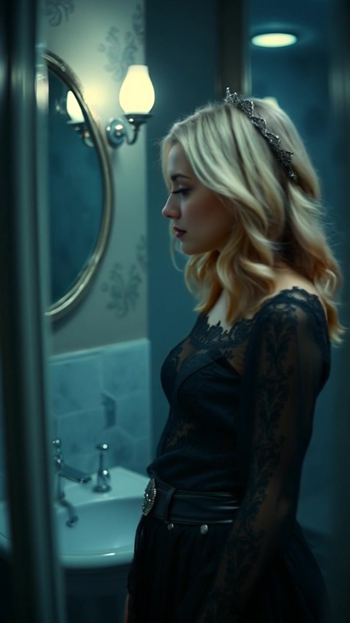 Subject: A woman standing in a dimly lit empty bathroom. Subject movement: She shifts her gaze from the mirror with a look of confusion. Scene: A minimalistic bathroom setting with soft shadows and cold tiles reflecting the dim light. Style: Low ambient light creating a mysterious atmosphere. Motion: Camera slowly pushes in toward the mirror, focusing on her reflection before shifting to capture her expression.