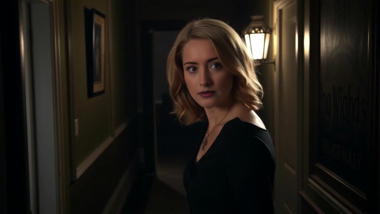 Subject: A figure cautiously moving. Subject movement: Ashley walks slowly through a shadowy hallway of the mansion, glancing around as she proceeds. Scene: A dimly lit, eerie corridor within a grand, old mansion, shadows flickering in the corners. Style: Low lighting accentuates the gothic architecture and the atmosphere is tense and suspenseful. Motion: The camera follows Ashley with a tracking shot, subtly swaying as she navigates the hall, heightening the sense of unease and mystery.
