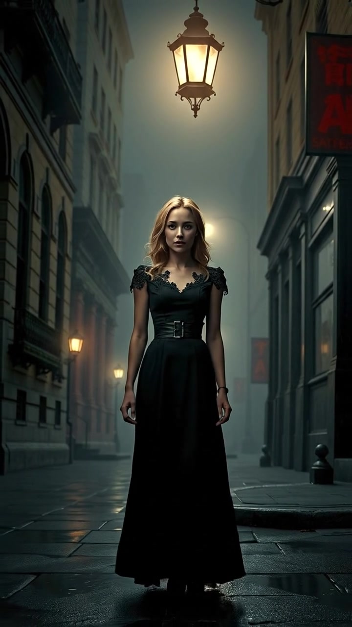 Wide shot  as the camera follows as they walk down the street, lights flickering. The audio features footsteps on cobblestone with flickering gas lamp sounds and eerie Victorian atmosphere.