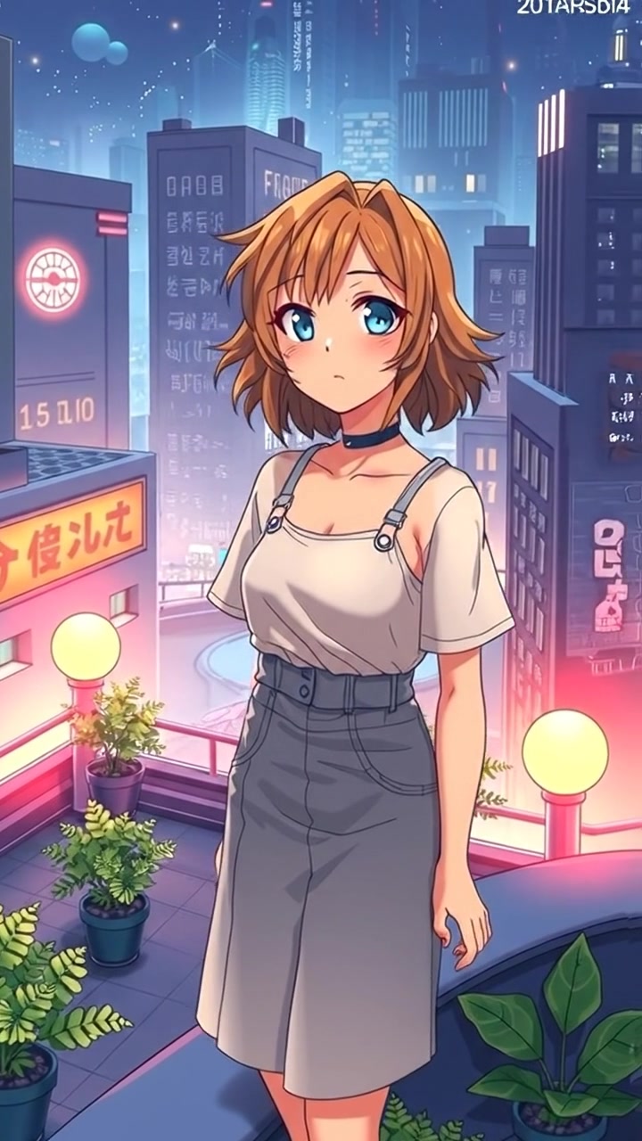 Anime style, Ashley standing at the edge of a vibrant neon-lit rooftop garden in a futuristic city, illuminated by colorful advertisements and glowing skyscrapers, with smooth camera movement and a cinematic glow effect, capturing a high-detail, atmospheric urban night scene.