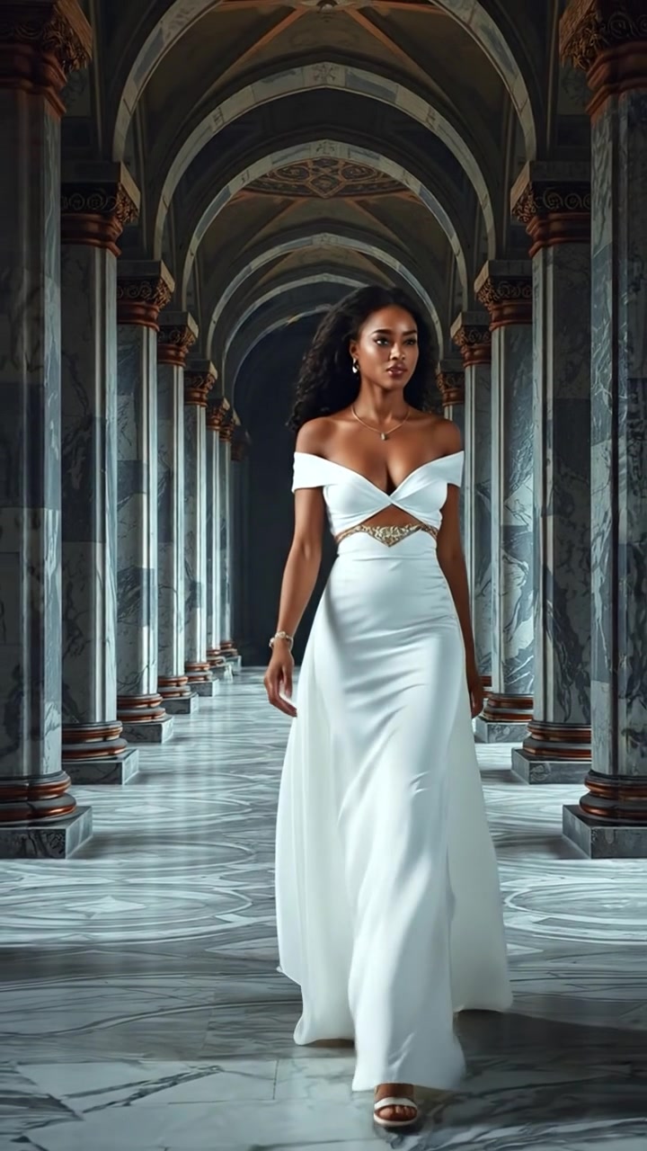 Nia in a flowing white gown walking through a marble hallway of an ancient palace, illuminated by soft, natural lighting. The scene is high in detail with smooth camera movement, capturing her elegant gait. Fantasy style, highly detailed, cinematic with warm tones and gentle shadows.