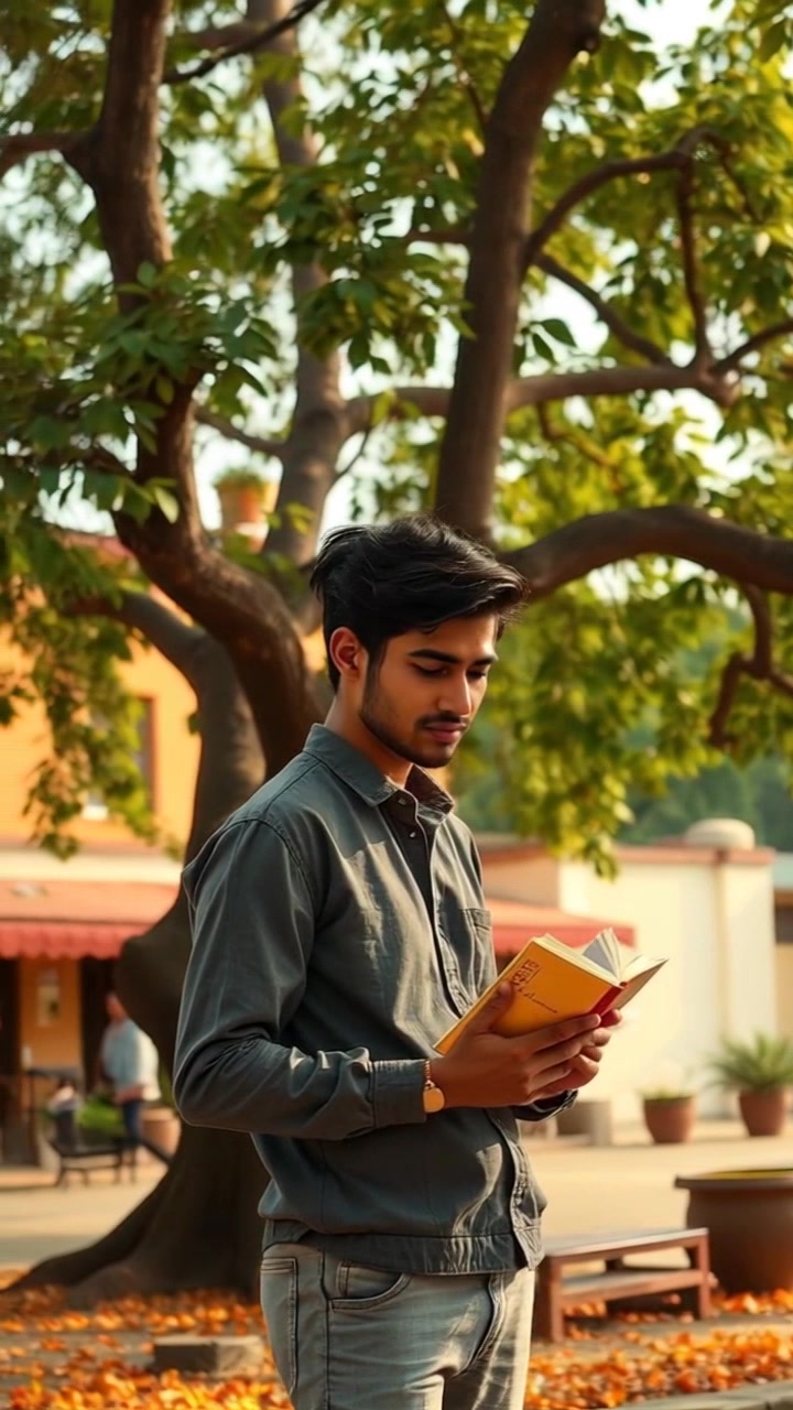 Subject: A person standing in a village square. Subject movement: The person is deeply absorbed in reading a book under a large, sprawling tree, occasionally shifting their gaze to the surrounding scenery. Scene: A quaint village square, framed by rustic buildings and lush greenery, with a large tree providing shade and a serene atmosphere. Lighting: Soft afternoon light creating gentle shadows under the tree. Motion: Camera starts with a close-up on the book's pages, then slowly pulls back to reveal the tranquil village square, capturing the stillness of the scene.