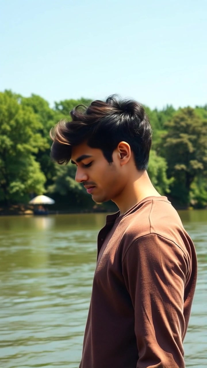Subject: A contemplative figure standing by a river. Subject movement: The figure shifts slightly, leaning closer to the water's edge, lost in thought. Scene: Tranquil riverside setting, surrounded by lush green trees under a clear sky. Style: Bright, natural lighting emphasizing the serenity of the environment. Motion: Camera slowly pans from the figure's pensive expression to the gentle flow of the river, capturing the tranquil atmosphere.
