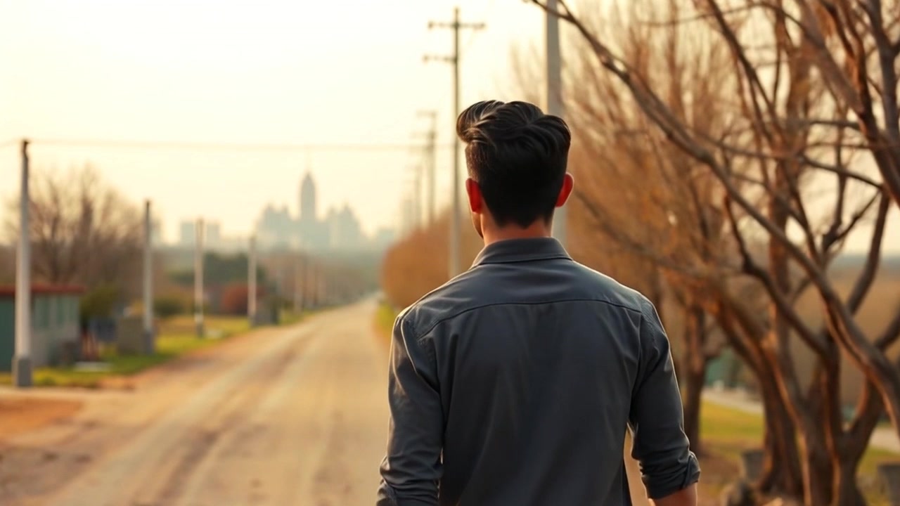 Subject: A figure walking purposefully along a dirt road. Subject movement: The figure strides confidently, steadily advancing towards the distant city skyline. Scene: An open dirt road bordered by sparse vegetation, leading into a sprawling cityscape on the horizon. Style: Bright, late afternoon light casting long shadows, emphasizing the path ahead. Motion: The camera follows behind the figure, gently panning to reveal the expansive view of the skyline as they walk, creating a sense of journey and anticipation.