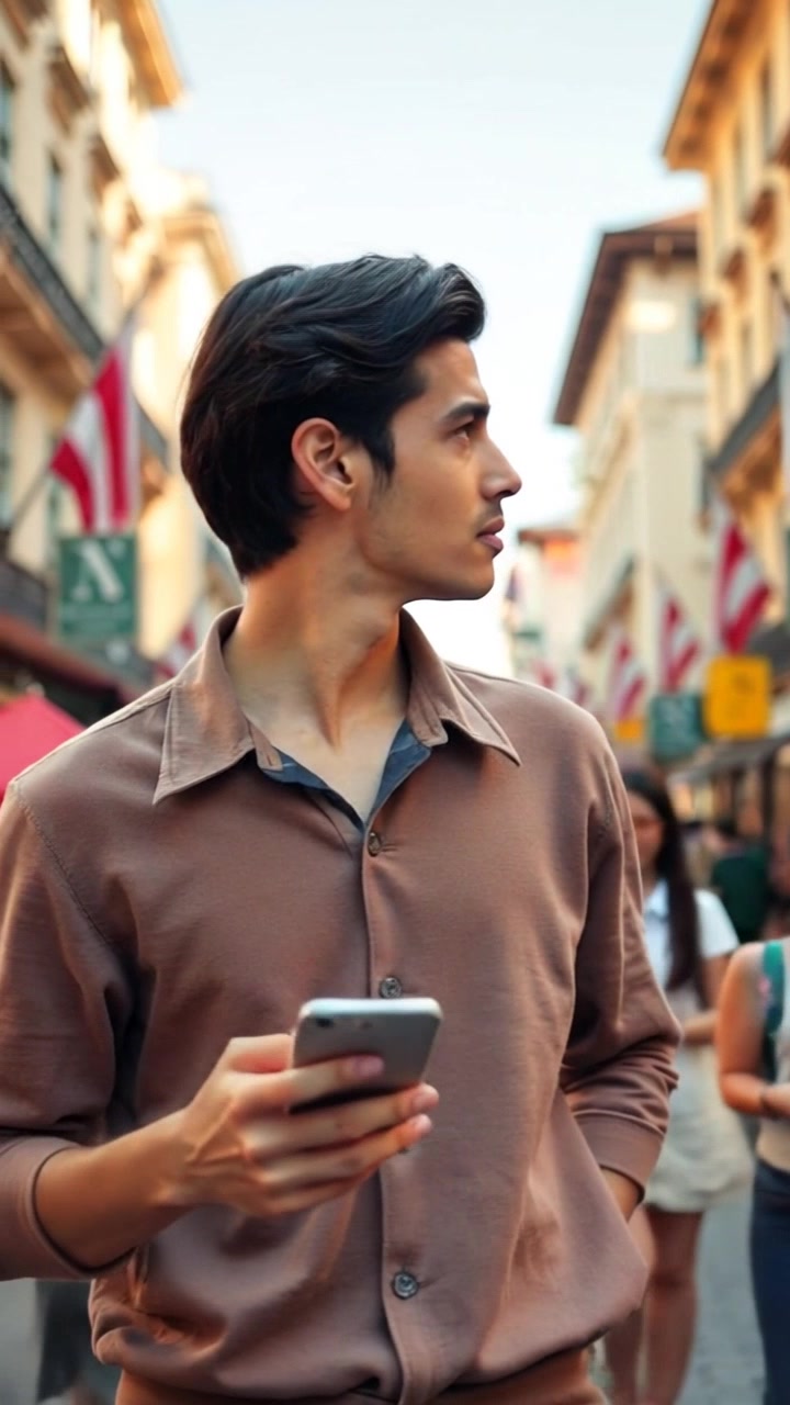 Subject: A young man holding a smartphone. Subject movement: He navigates through the bustling city street, occasionally glancing up at the vibrant surroundings. Scene: A lively urban street filled with people walking, bright storefronts, and colorful city life. Style: Daylight illuminating the scene with a dynamic, upbeat atmosphere. Motion: The camera performs a handheld tracking shot, following the young man as he maneuvers through the crowd, capturing the energy of the city while maintaining focus on his expressions.