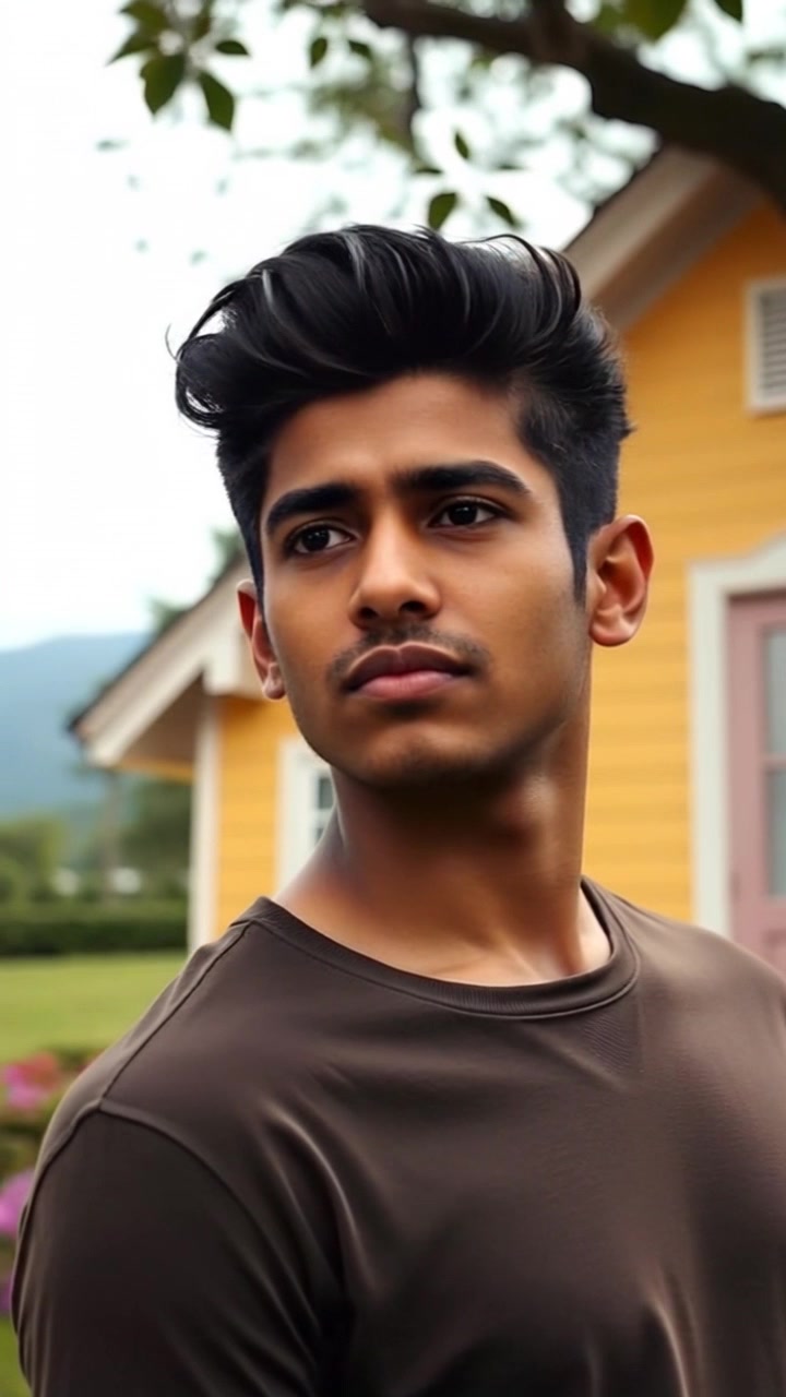 Subject: Arjun standing resolutely in front of a small house. Subject movement: He gazes intently into the distance, his posture conveying determination. Scene: A quaint house set against a backdrop of a clear blue sky and distant mountains. Style: Bright, natural daylight enhances the warm colors of the house and landscape. Motion: The camera slowly pushes in on Arjun, capturing the intensity of his expression as he focuses on the horizon, with a soft breeze gently rustling the surroundings.