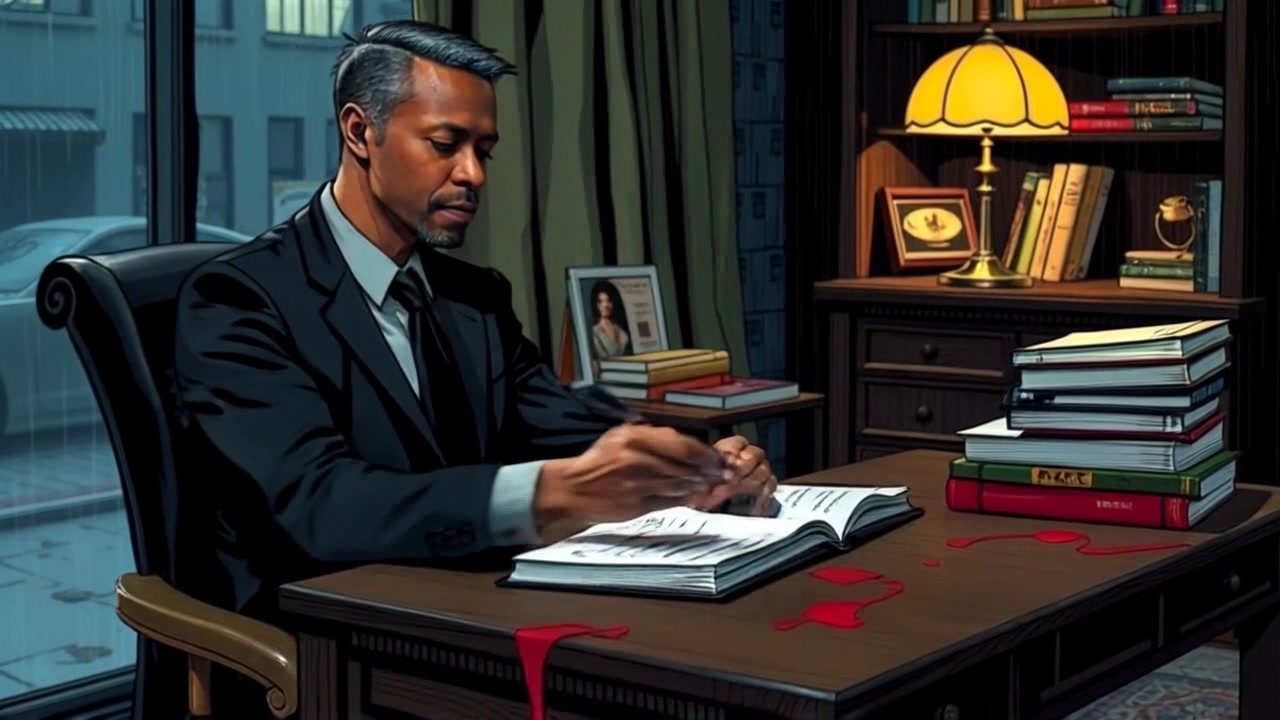 Subject: A focused person seated at a wooden desk, diligently writing in a notebook. Subject movement: The person moves their hand steadily as they write, occasionally pausing to glance at their thoughts. Scene: A small office filled with bookshelves and warm lighting, creating a cozy, inviting atmosphere. Motion: The camera performs a gentle push-in from a slightly elevated angle, providing a close-up view of the person's focused expression and the notebook. Lighting: Soft, ambient light filtering through a window, casting a warm glow across the desk and walls.