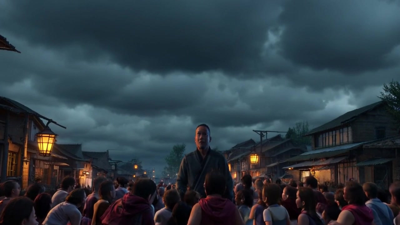 Scene: A tense village gathering beneath a stormy sky, villagers huddled together, eyes wide with dread as they hear Kwame's ominous warning. Style: Dramatic lighting with dark, brooding clouds casting shadows over the anxious faces of the villagers. Motion: A dramatic panning shot, sweeping across the crowd to capture the weight of the moment, then focusing on Kwame as he passionately speaks, his gestures emphasizing the urgency of his message.