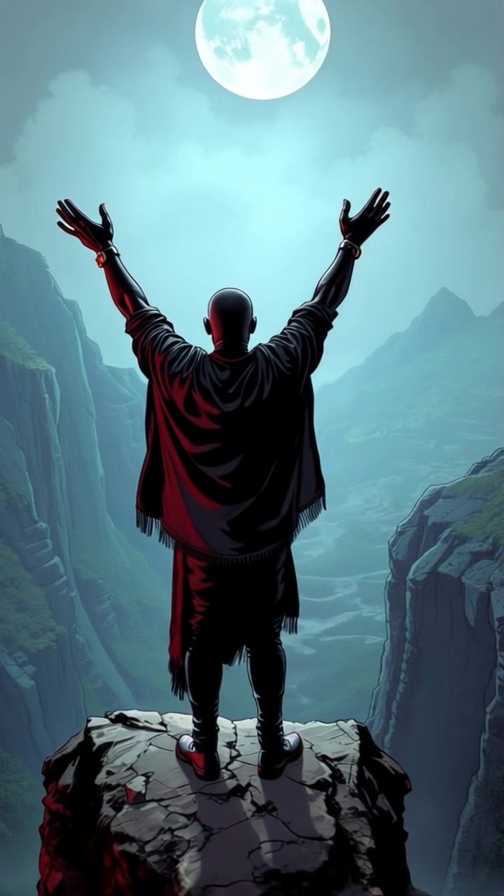 Subject: Kwame stands on a rocky cliff overlooking a vast valley, arms raised in a powerful gesture of triumph. Subject movement: He shifts his weight slightly, as if feeling the wind flowing around him. Scene: A stunning, expansive valley bathed in natural sunlight, highlighted by rugged cliffs and lush greenery stretching far below. Lighting: Bright midday light creating sharp contrasts and shadows. Motion: Camera begins with a close-up on Kwame, then dramatically pulls back to reveal the breathtaking vista, capturing the grandeur of both the figure and the landscape.
