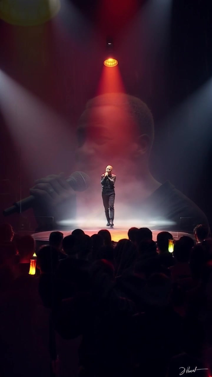 Subject: A passionate singer on stage. Subject movement: The singer is moving dynamically as they project their voice, engaging the audience. Scene: A concert stage illuminated by a strong spotlight, with dimmed audience lights in the background. Style: Dramatic stage lighting with a focused spotlight creating a stark contrast against the shadows. Motion: The camera performs a dolly-in towards the singer, capturing the intensity of their performance, while the audience's cheers create an energetic atmosphere.