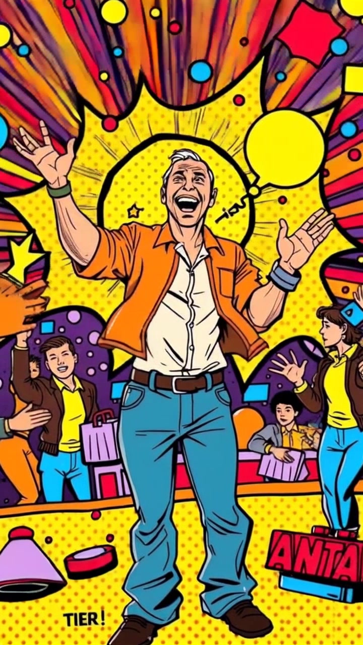 Subject: A joyful figure, Carlos, stands exuberantly amidst a whirlwind of vibrant colors and confetti, his arms raised in excitement. Subject movement: Carlos jumps slightly as he exhales an excited cheer, energy radiating from him. Scene: A lively celebration environment filled with swirling decorations and colorful lights. Style: Bright, cheerful lighting illuminating the chaos, enhancing the festive atmosphere. Motion: The camera performs a dynamic tilt and pan, capturing Carlos's joyful expression while also sweeping across the vivid backdrop of the celebration.