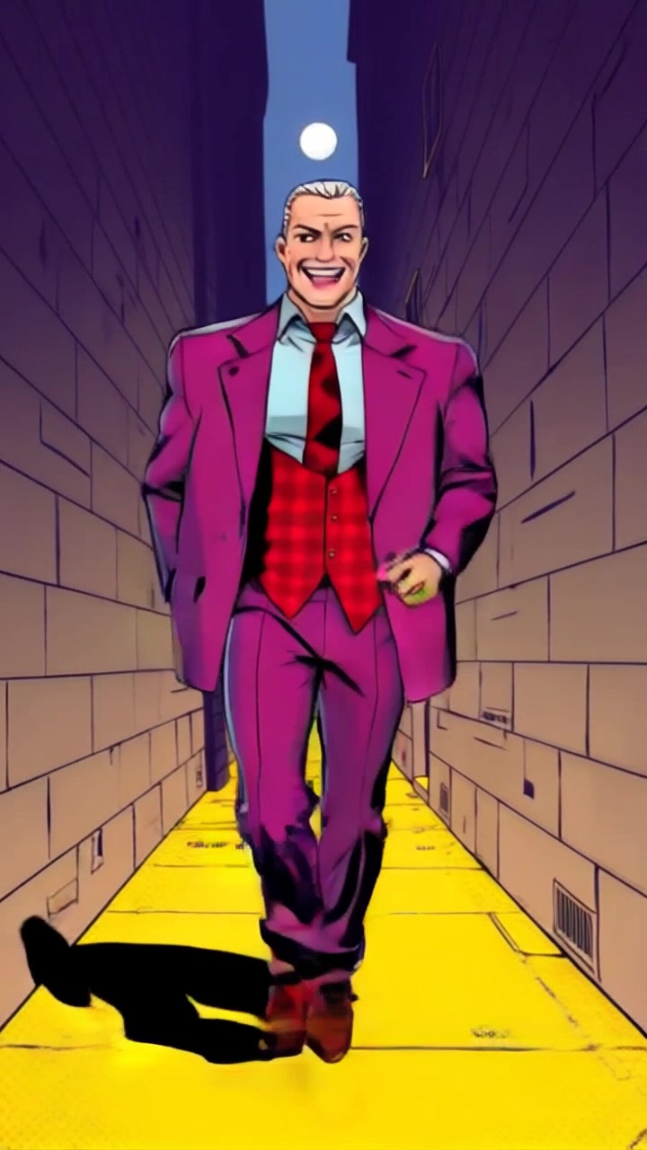 Subject: A person in a vibrant purple suit. Subject movement: The figure begins to skip joyfully down the dimly lit alley, radiating an infectious energy. Scene: The narrow alley is lined with shadowy walls and flickering neon signs, creating a contrast between the character's bright attire and the somber environment. Lighting: Dim, moody lighting punctuated by vibrant neon glows. Motion: The camera follows closely in a handheld tracking shot, weaving in and out of the alley, emphasizing the character's exuberance.