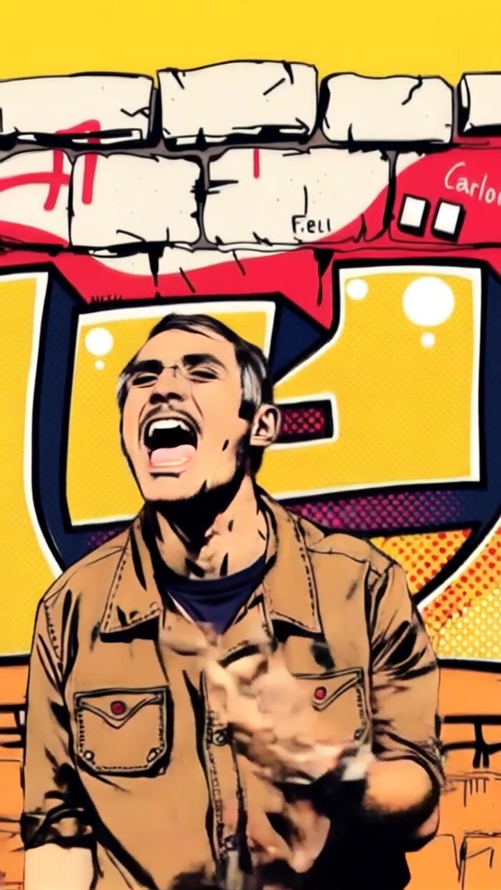 Subject: A person passionately yelling in front of a vibrant graffiti wall. Subject movement: Carlos gestures animatedly as he expresses himself loudly. Scene: Urban alleyway filled with colorful graffiti art, the textures and colors vividly contrasting with the surroundings. Lighting: Natural daylight highlighting the colors of the wall and the person. Motion: Camera moves in with a handheld tracking shot, capturing the intensity of Carlos's expression and the dynamic atmosphere of the scene.