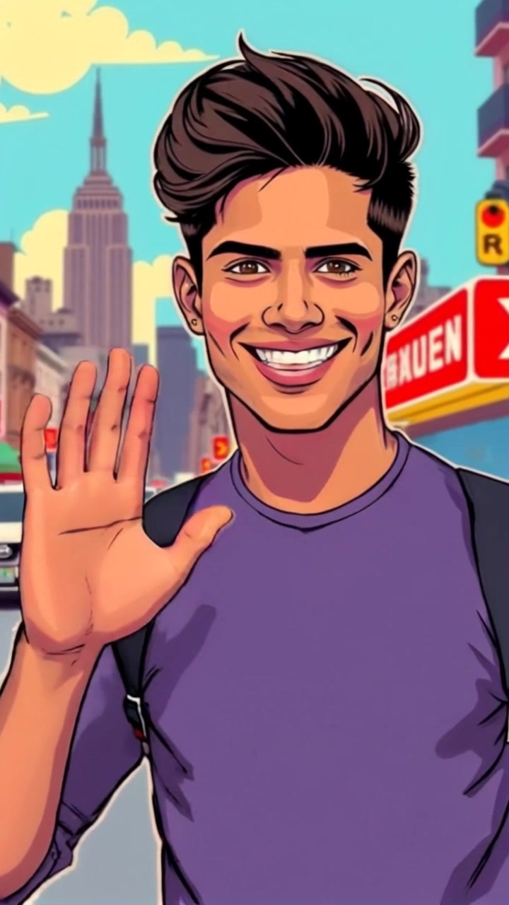 Subject: A young man playfully gesturing. Subject movement: He smiles and waves enthusiastically at the camera while standing amidst the lively atmosphere of a bustling city street. Scene: A vibrant urban setting with a striking city skyline in the background, filled with people and traffic. Style: Bright, sunny daylight illuminating the scene, creating a lively and energetic mood. Motion: The camera performs a dynamic tracking shot, circling around the subject as he interacts with the environment, capturing the essence of city life.