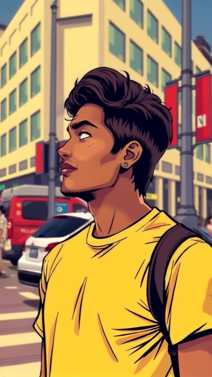 Subject: A young man standing at a busy street corner, deep in thought. Subject movement: He shifts his weight from one foot to the other, glancing around as cars and pedestrians rush by. Scene: A vibrant city street corner filled with bustling activity, colorful storefronts, and lively crowds. Lighting: Bright daylight illuminating the scene, casting sharp shadows on the pavement. Motion: The camera gently pulls back, capturing the energy of the street while maintaining focus on the subject's contemplative expression.