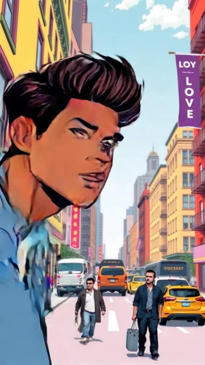 Subject: Arjun swinging between buildings in a bustling New York street. Subject movement: He navigates swiftly through the urban canyons, a look of contemplation etched on his face. Scene: A vibrant New York street teeming with life, towering skyscrapers framing the scene. Style: Bright, midday lighting highlighting the city's energetic vibe, casting long shadows on the pavement. Motion: The camera tracks alongside Arjun as he swings gracefully, effortlessly capturing the dynamic essence of the environment.
