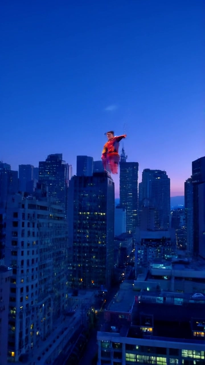 Subject: A superhero swings into view, shooting webs from his webshooter. Subject movement: The superhero moves dynamically through the air, shooting silken threads that catch the light. Scene: Urban skyline during twilight, skyscrapers stretching into the evening sky. Style: Cool, ambient lighting with twilight blues and purples. Motion: The camera follows closely in an action-packed, handheld tracking shot, capturing the superhero's acrobatic maneuvers as he weaves through the buildings, with a sense of speed and excitement.