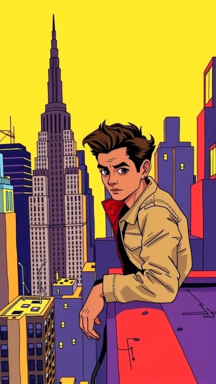 Subject: A person named Arjun perched on a rooftop. Subject movement: Arjun shifts slightly, scanning the skyline with a look of curiosity. Scene: Rooftop in New York City on a sunny day, surrounded by skyscrapers and vibrant city life below. Style: Bright sunlight illuminating the scene with clear, vivid colors. Motion: Camera slowly pans across the rooftop, capturing Arjun's contemplative expression and the bustling cityscape behind him, adding a sense of depth and scale.