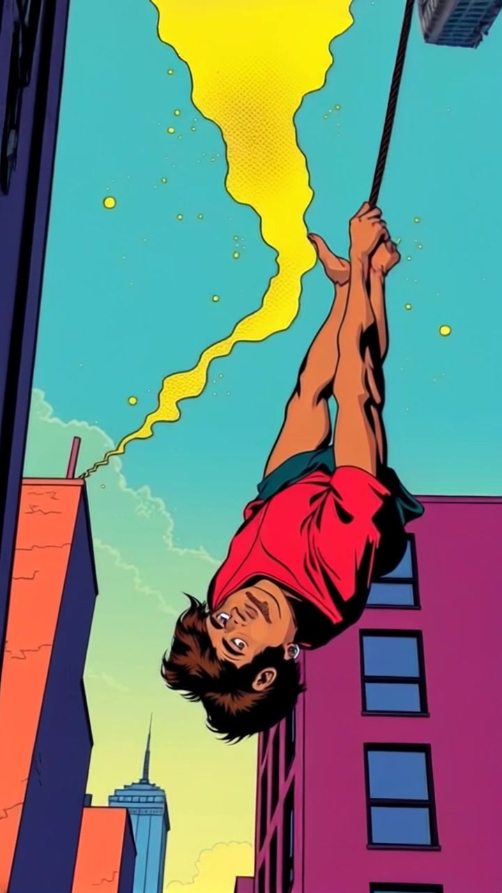 Subject: A person hanging upside down from a building. Subject movement: They remain suspended, gazing intently at a rip in the sky. Scene: An urban skyline with towering buildings, contrasted against a surreal sky with an unusual tear. Style: Ambient light filtering through the clouds, creating a dreamlike atmosphere. Motion: The camera performs a slow, dramatic panning shot around the scene, circling the subject to emphasize their unique perspective while capturing the strange sky above.