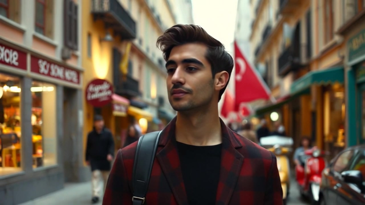 Subject: A person walking through a lively city street. Subject movement: The person strolls casually, glancing around to take in the vibrant atmosphere. Scene: Bustling city street filled with colorful storefronts and diverse pedestrians, framed by tall buildings. Style: Bright, natural daylight illuminating the urban scene with dynamic contrasts. Motion: Camera follows in a smooth tracking shot alongside the person, capturing the energy of the surroundings with occasional zoom-ins on storefront details.