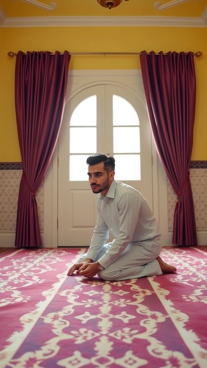 Subject: A person kneeling in prayer on a mat. Subject movement: The person remains still, embodying a moment of deep focus and serenity. Scene: A softly lit room, tranquil and peaceful, with gentle shadows casting a calm atmosphere. Motion: The camera gently pushes in, slowly capturing the details of the person's expression and the intricate patterns on the prayer mat, enhancing the meditative mood. Lighting: Soft, ambient light filtering through the room, creating a warm and inviting atmosphere.