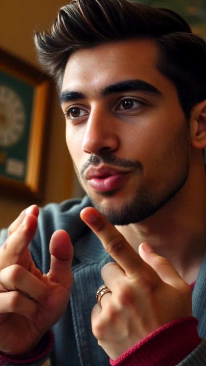 Subject: Hands gesturing earnestly as they emphasize a point. Scene: A close-up of hands in an intimate, focused setting, with warm, inviting lighting creating a cozy atmosphere. Motion: The camera slowly pushes in for a closer view of the hands, accentuating the expressive movements as they articulate thoughts and emotions.