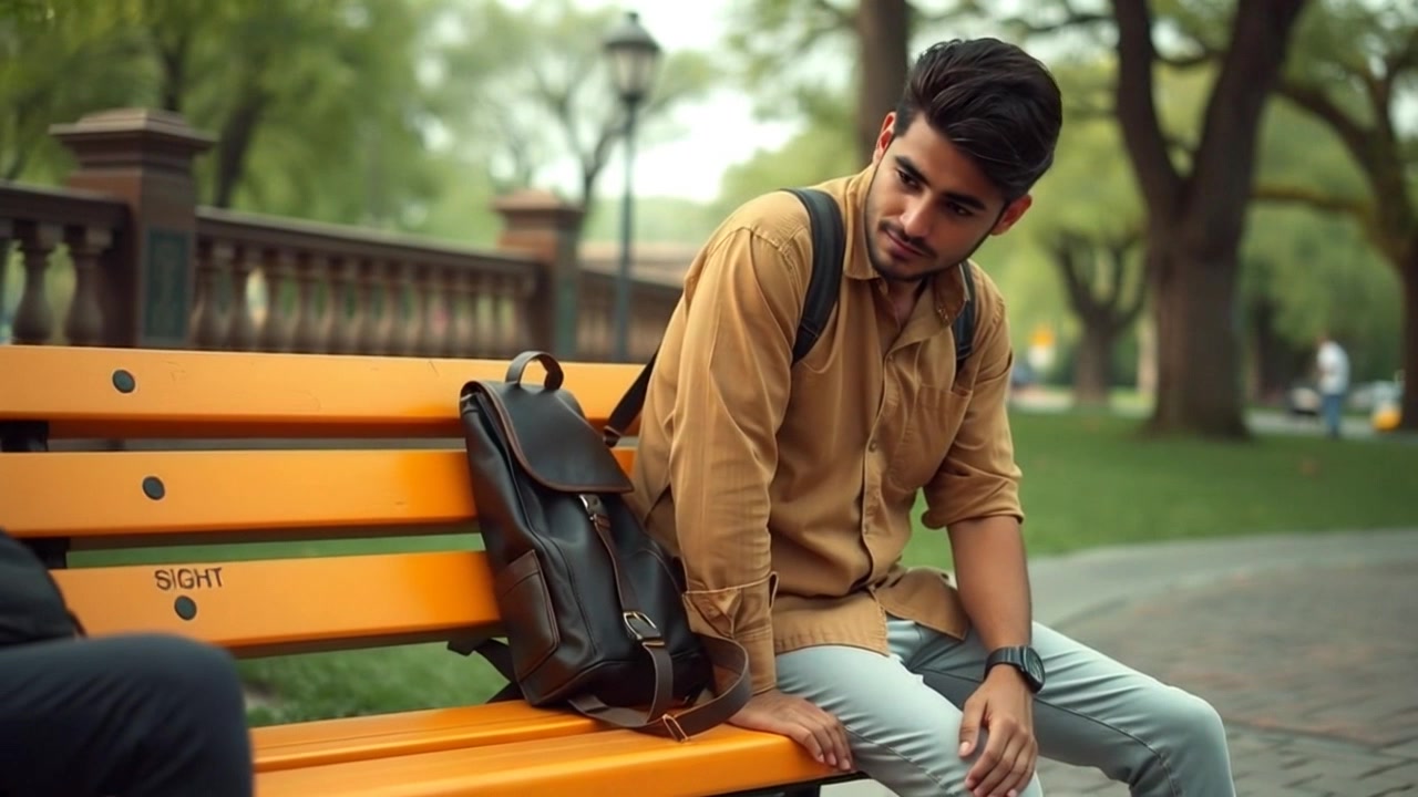 Subject: A young man sitting on a park bench. Subject movement: He leans slightly forward, gazing thoughtfully at the ground beside his worn backpack. Scene: A serene park setting with gentle breezes rustling the leaves of nearby trees, ambient sounds of distant laughter and birds chirping. Style: Soft morning light illuminating the scene, creating a warm and inviting atmosphere. Motion: The camera begins with a close-up on his contemplative expression, then gently pulls back to reveal the tranquil park around him.