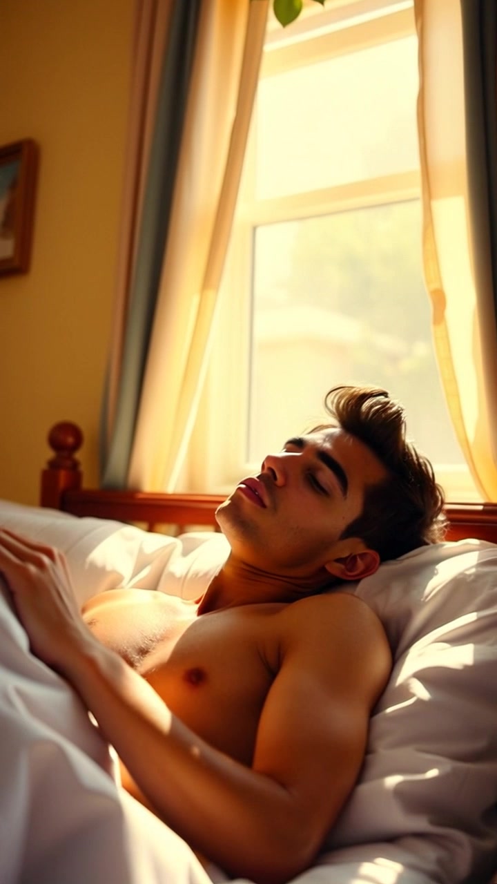Scene: A cozy bedroom bathed in morning sunlight, with soft linens and warm decor, as sunlight streams through the window. Motion: The camera slowly pushes in to capture Amir as he awakens, stretching and taking in the fresh light, with rays illuminating his peaceful expressions. Lighting: Bright, inviting morning light that adds a serene atmosphere to the scene.