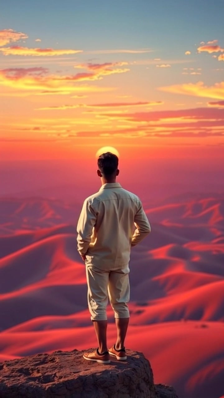 Subject: Amir standing on a cliff's edge, gazing out over the vast landscape. Scene: Majestic cliff overlooking rolling hills bathed in the glow of a vibrant sunset. Lighting: Warm sunset light casting long shadows across the terrain. Motion: The camera begins with a close-up of Amir's contemplative expression, then smoothly pulls back to reveal the expansive view behind him, capturing the interplay of light and color in the landscape.