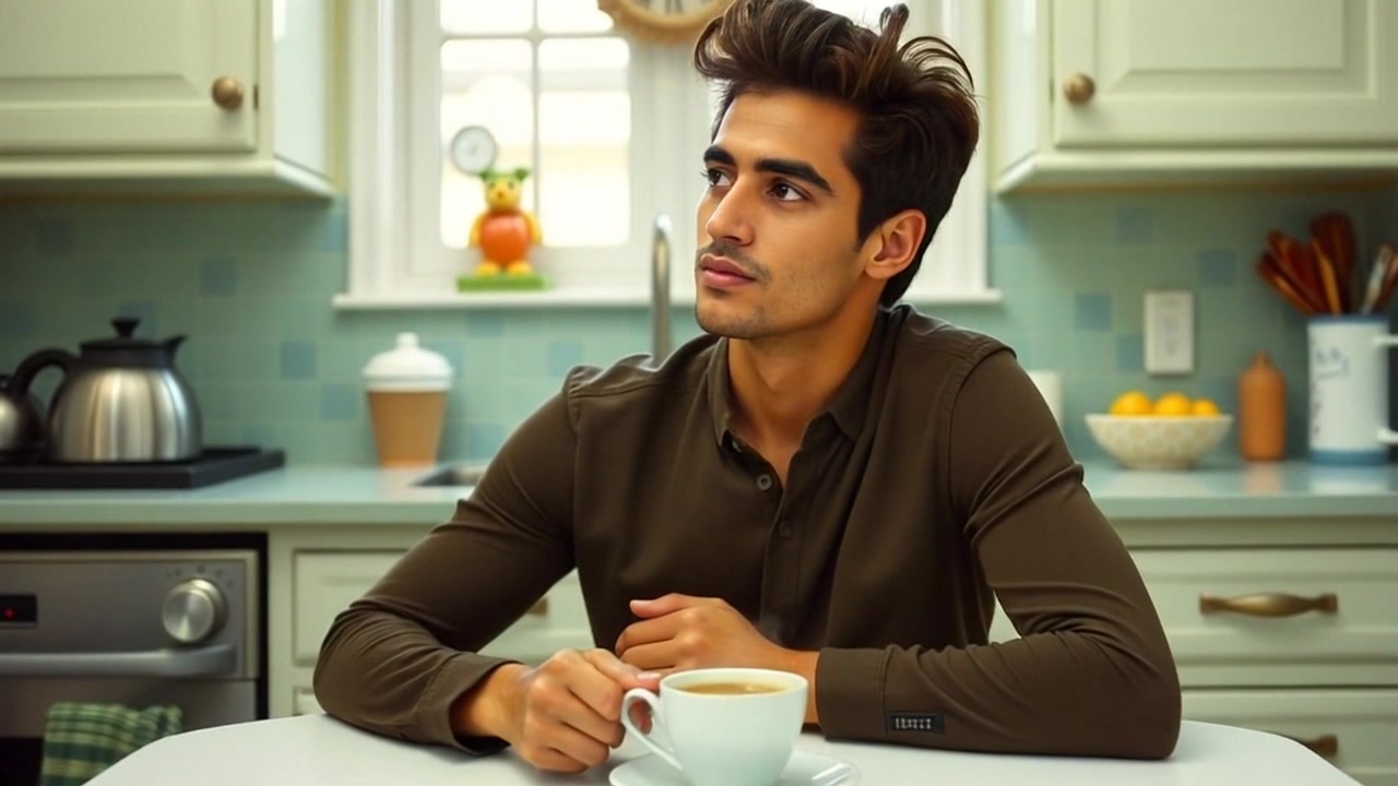 Subject: A pensive individual seated at a kitchen table, holding a steaming cup of coffee. Subject movement: The person gazes contemplatively into the distance, subtly shifting their posture. Scene: A cozy kitchen setting filled with warm, inviting colors and sunlight filtering through a nearby window. Style: Morning light illuminating the table, creating a soft atmosphere. Motion: The camera gently pushes in to a close-up of the person’s face, capturing their reflective expression, then pulls back to reveal more of the kitchen surroundings.