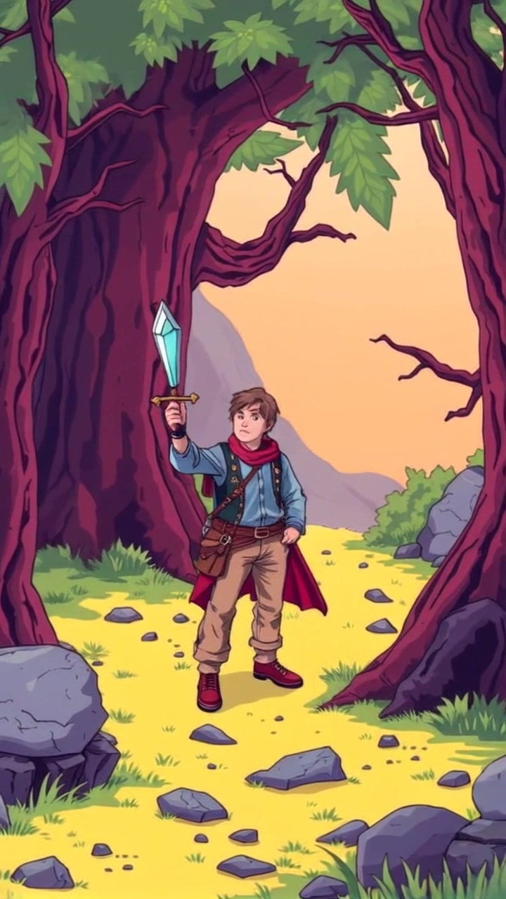 Subject: A character standing in a forest clearing, gripping a diamond sword. Subject movement: The character scans the environment nervously, shifting weight from one foot to the other. Scene: A lush forest clearing surrounded by tall trees, dappled sunlight filtering through the leaves. Style: Natural, soft light creating a serene yet tense atmosphere. Motion: The camera slowly circles around the character, capturing their cautious stance and the vibrant surroundings, emphasizing the tension in the peaceful wilderness.