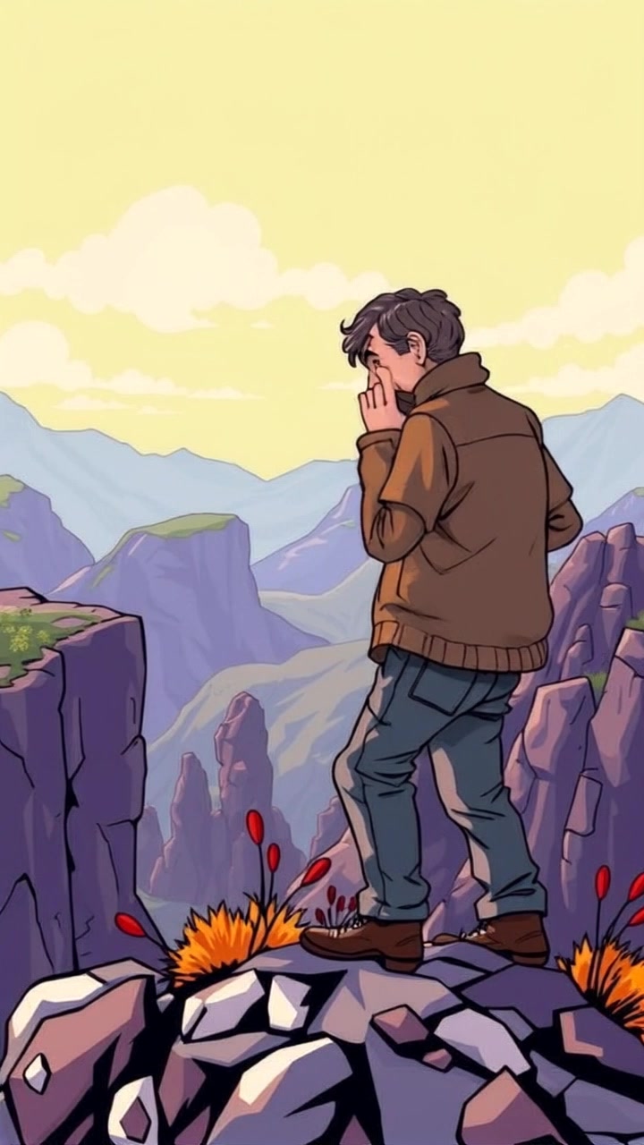 Subject: Mark standing on a rocky outcrop. Subject movement: He shifts his weight slightly, taking a deep breath as he gazes thoughtfully at the valley below. Scene: A dramatic rocky outcrop overlooking a vast valley, with rugged terrain and distant mountains. Style: The scene is bathed in soft, early morning light, casting gentle shadows and highlighting the texture of the rocks. Motion: The camera zooms in slowly towards Mark, creating an intimate atmosphere, then pulls back to capture the expansive landscape around him.