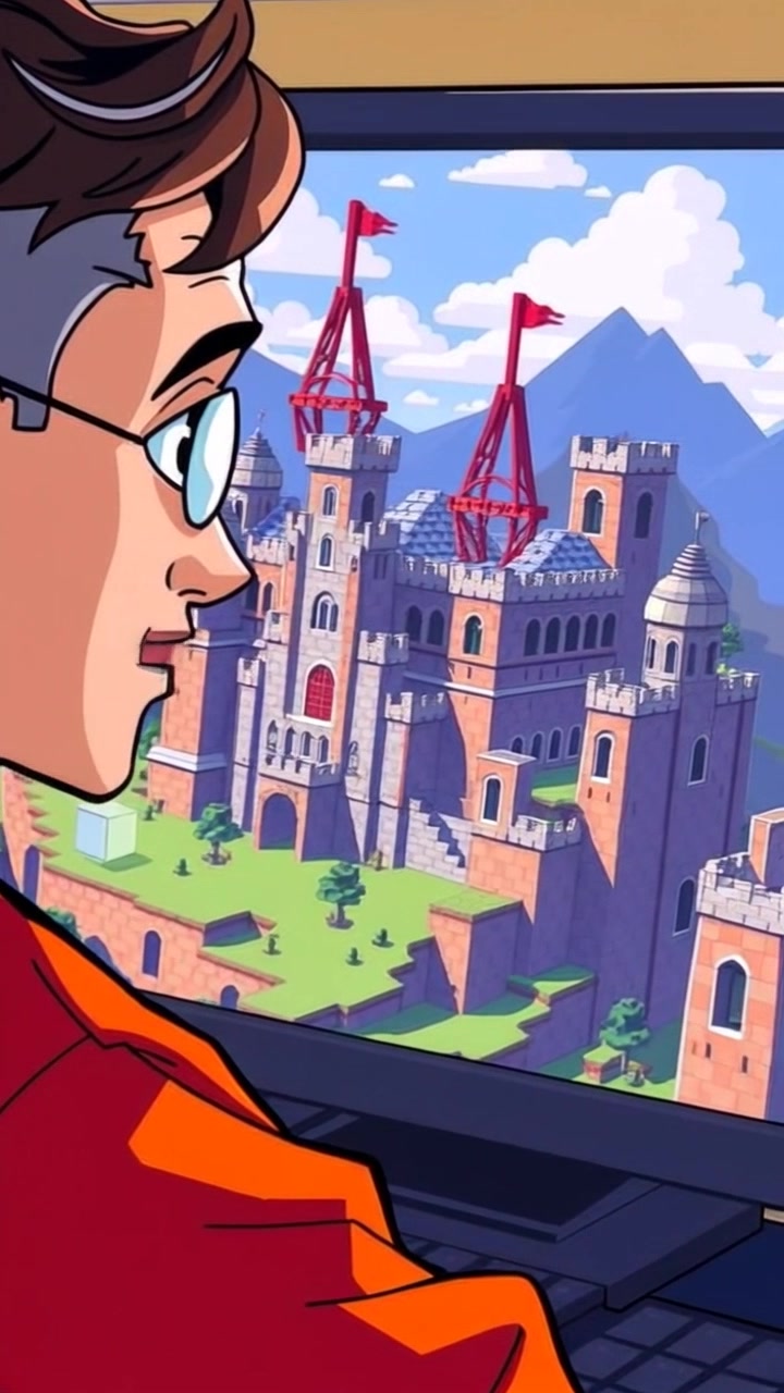 Scene: A vivid close-up of a Minecraft game displaying a vast castle under construction on a computer screen. Style: Bright, vibrant colors highlighting the pixelated landscape and intricate details of the castle. Motion: The camera slowly pushes in towards the screen, focusing on the castle's towers and walls being built, with dynamic elements like characters and blocks moving in the foreground.