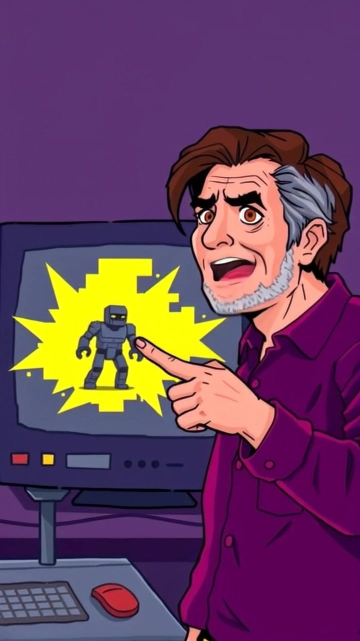 Subject: A person looking alarmed and pointing towards a screen displaying a Creeper image. Subject movement: The person gestures dramatically, their arm extended towards the source of their alarm. Scene: A dimly lit room filled with computer screens and gaming paraphernalia, showcasing an intense gaming atmosphere. Lighting: Mood lighting with a hint of blue from the screens, creating a tense environment. Motion: Camera zooms in dynamically on the person's expression, then pans to the screen, revealing the Creeper image as the source of their fright.