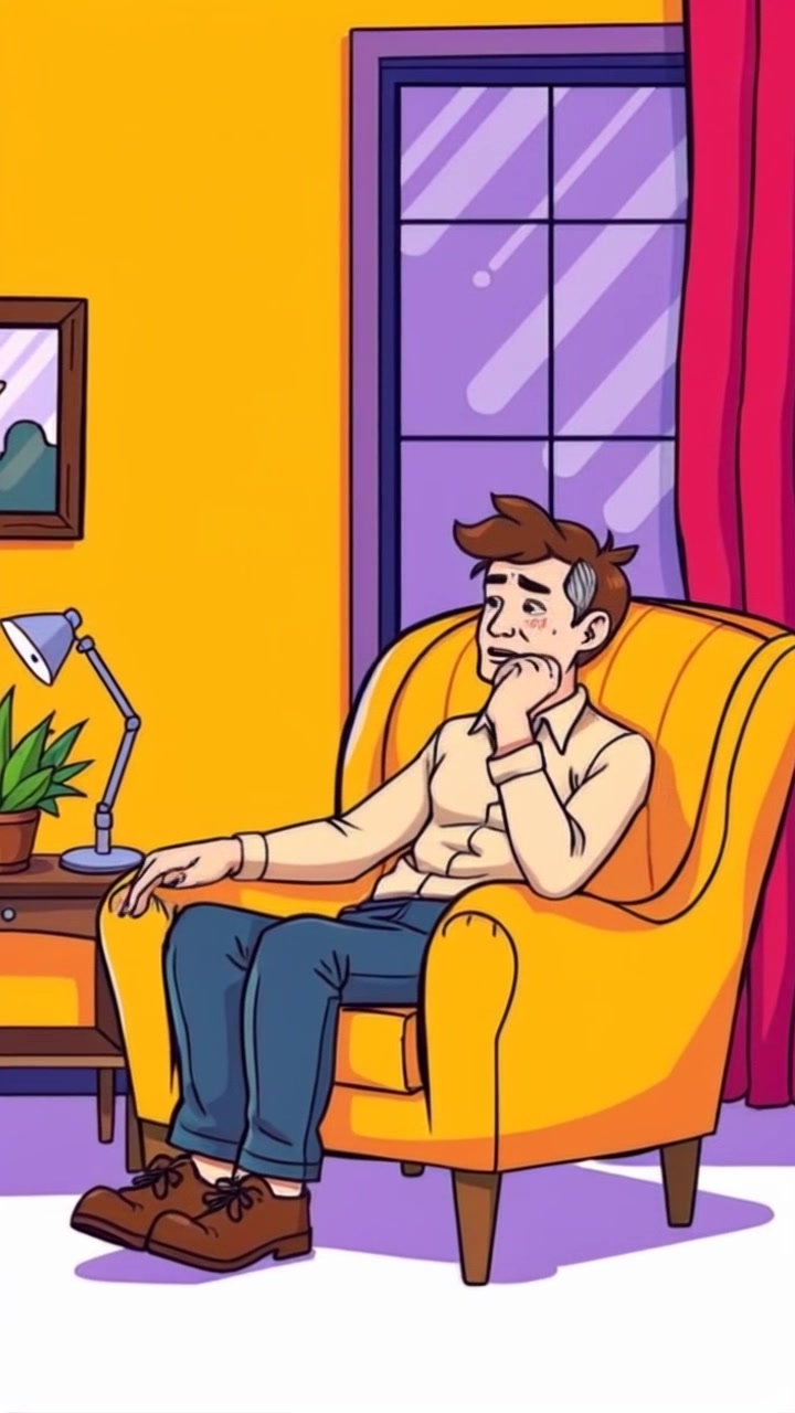 Subject: A man seated comfortably in an armchair. Subject movement: He shifts slightly, resting his chin on his hand as he gazes thoughtfully out of the window. Scene: A cozy living room with warm tones, soft lighting, and a large window letting in the afternoon sun. Motion: The camera slowly pushes in from an angle to capture his contemplative expression, with gentle focus on the outdoor scenery, creating an inviting atmosphere.