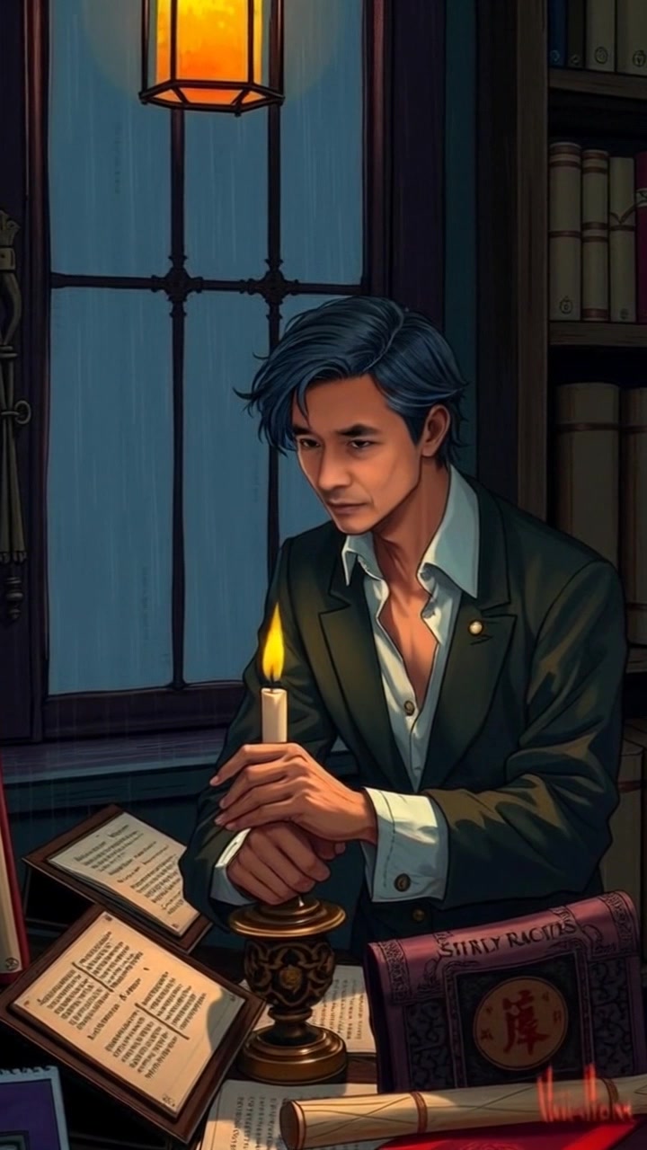 Scene: A dimly lit study room with Hiro seated at a wooden desk, surrounded by ancient scrolls, deeply focused on his reading. Style: Soft candlelight flickers warmly, casting gentle shadows across the materials, creating an intimate atmosphere. Motion: The camera slowly pushes in, drawing closer to Hiro's concentrated expression, while scrolls rustle lightly in the background.