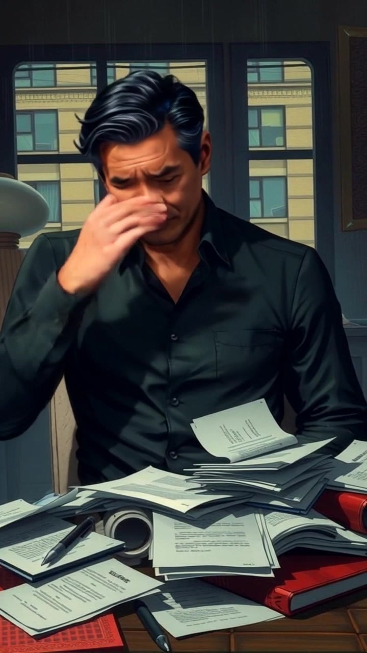 Subject: A person with a frustrated expression. Subject movement: The person rubs their temples, glancing around the cluttered office, overwhelmed by the papers strewn across the desk. Scene: A small, chaotic office filled with scattered papers and an atmosphere of tension. Style: Ambient office lighting dimmed by shadows. Motion: The camera pans slowly around the office, capturing the disarray and the person's exasperated movements.