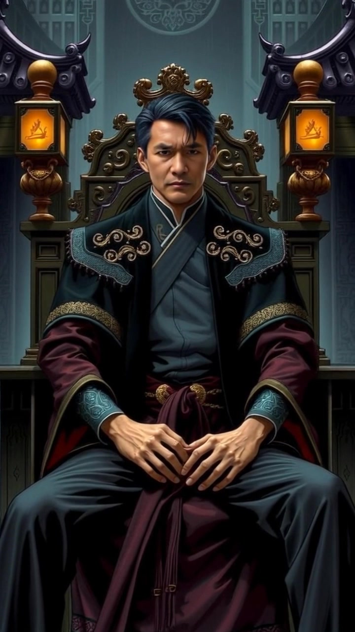 Subject: Hiro, regal and composed, sits majestically on his throne in the royal palace, dressed in traditional garments. Scene: Opulent palace interior adorned with intricate decorations and soft, warm lighting, exuding a sense of grandeur and tradition. Motion: A slow push-in camera movement toward Hiro, capturing the intricate details of his attire and the surrounding royal decor, enhanced by ambient, golden hour lighting that adds warmth and richness to the majestic atmosphere.