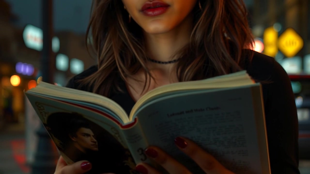 Subject: Hands turning the pages of a book. Subject movement: The fingers delicately flip through the pages, revealing snippets of colorful illustrations and text. Scene: A cozy reading nook, surrounded by plush pillows and warm lighting. Style: Soft, ambient light creates an inviting atmosphere, enhancing the rich textures of the book and the hands. Motion: Camera performs a smooth close-up tracking shot, focusing on the hands as they move gracefully over the pages, with the background softly blurred to emphasize the act of reading.