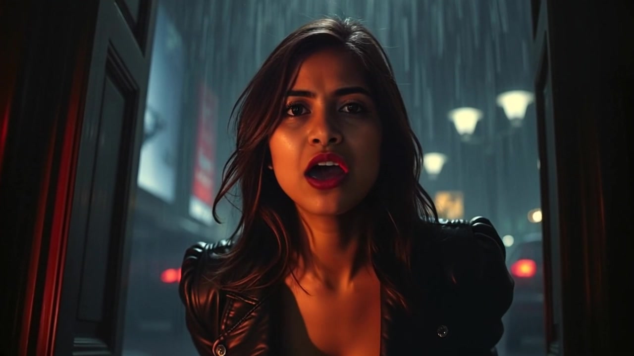 Scene: A dimly lit room steeped in shadows, the atmosphere thick with tension following Priya's piercing scream. Style: Dark and moody lighting enhances the suspenseful atmosphere, with flickering shadows creating unease. Motion: The camera slowly pushes in, capturing the haunting stillness of the room, emphasizing the weight of silence that follows her scream.