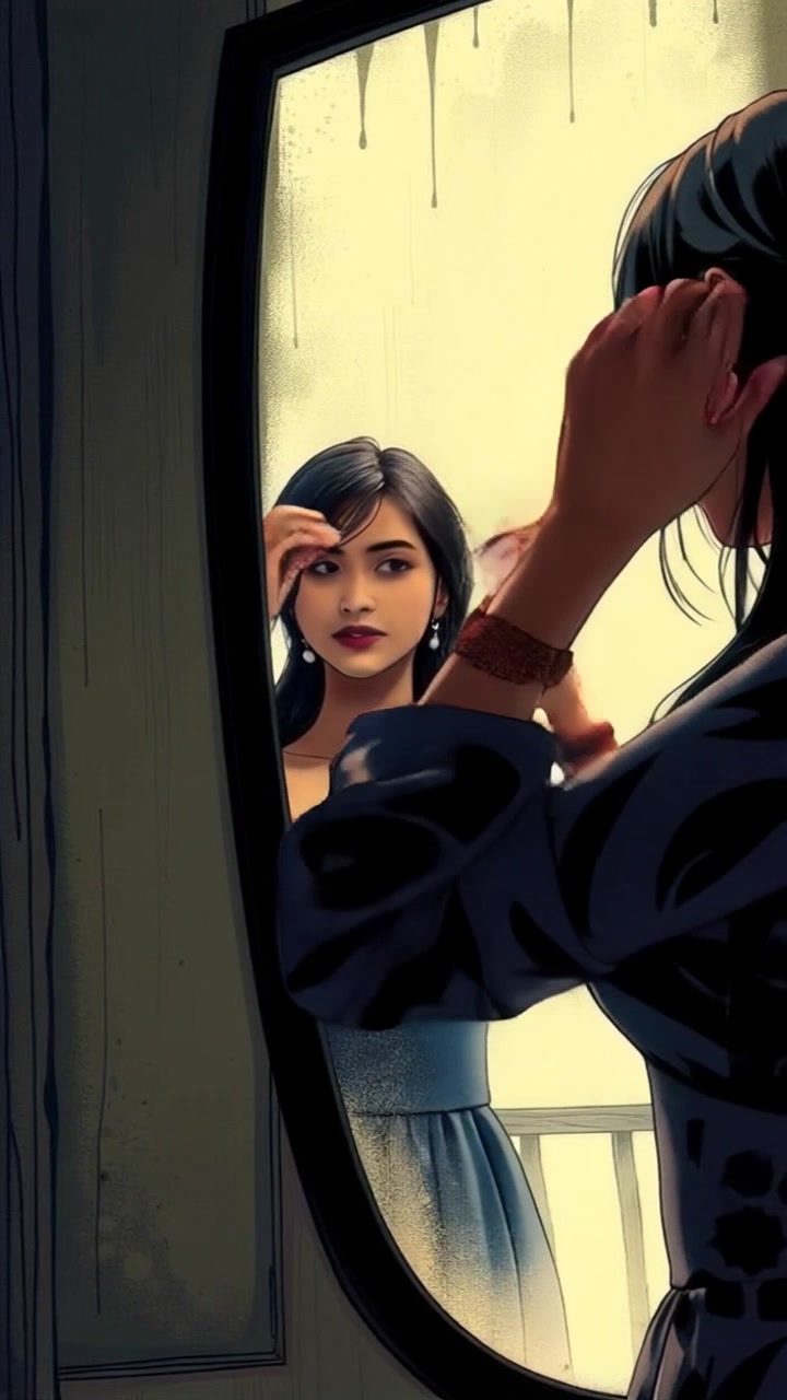 Subject: A person preparing for their day in front of a mirror. Subject movement: The person brushes their hair and adjusts their outfit, moving confidently while glancing at their reflection. Scene: A bright, sunlit room with a mirror reflecting the warmth of the morning sun streaming through the window. Lighting: Soft morning light casts a gentle glow throughout the space, creating inviting shadows. Motion: The camera moves in smoothly from the side, capturing the reflective moment while gradually pulling back to reveal the entire scene.