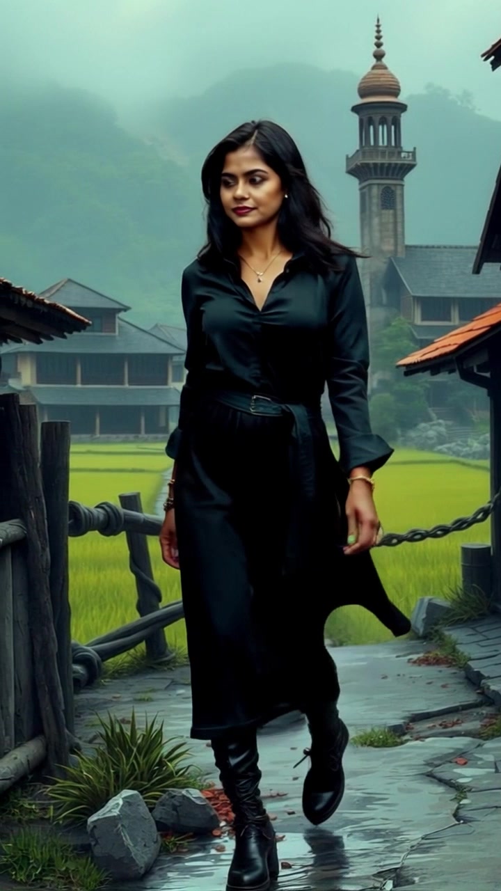 Subject: Priya walking gracefully through a rustic village, traditional houses lining the path. Scene: A charming village with lush green fields stretching into the distance, evoking a sense of peace and tradition. Motion: The camera performs a smooth tracking shot alongside Priya, capturing her movements as she takes in the vibrant surroundings. Lighting: Soft, natural light enhances the warmth of the scene, inviting a tranquil atmosphere.