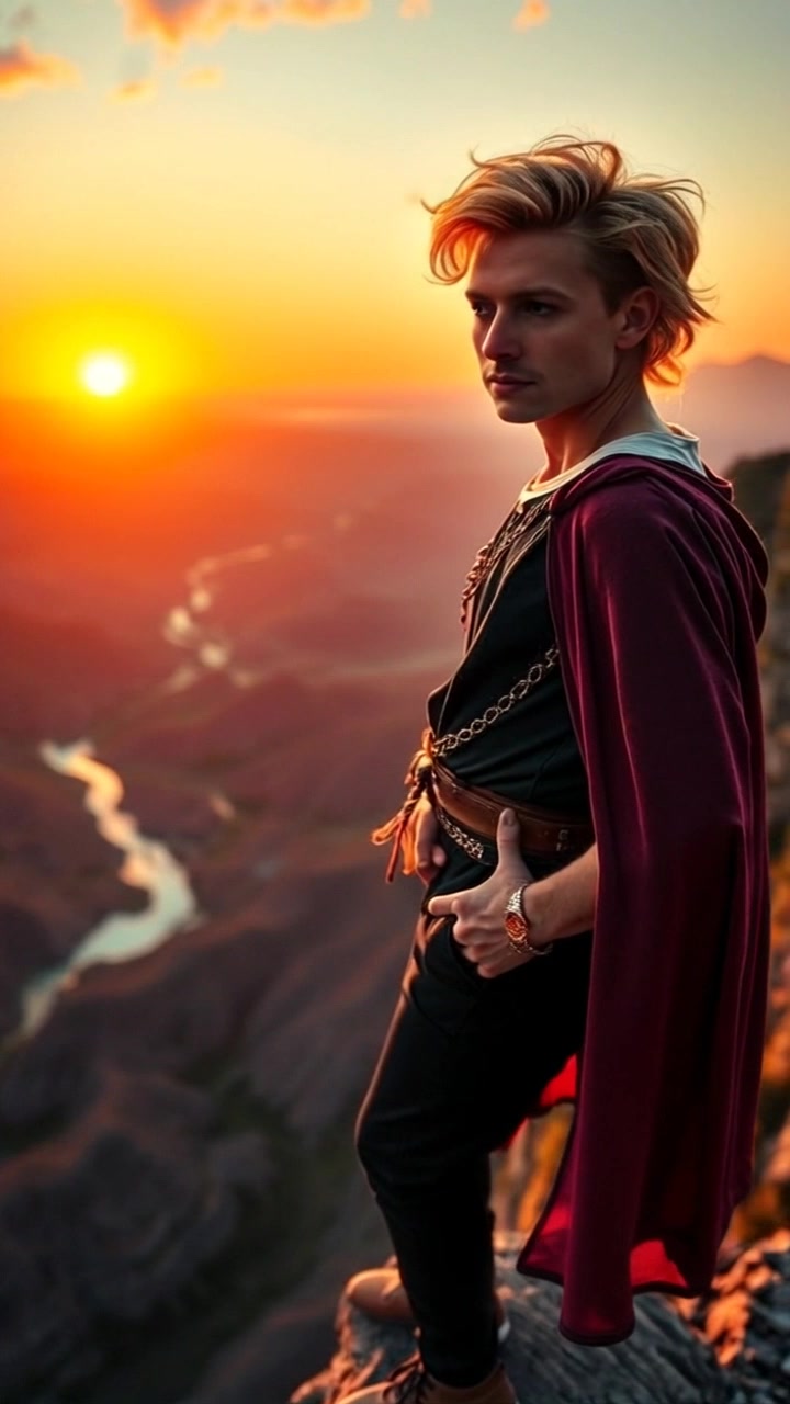 Subject: A person standing confidently on a rocky cliff. Subject movement: The figure gazes out over the vast valley, taking in the breathtaking view. Scene: Stunning sunset over a sprawling valley, the sky painted in vibrant hues of orange and purple. Motion: Camera slowly pushes in from a wide shot of the cliffside, capturing the expansive landscape below while maintaining focus on the subject in the foreground. Lighting: Warm sunset light illuminating the cliff and valley, casting a serene glow over the scene. Atmosphere: Majestic and contemplative, evoking a sense of adventure.