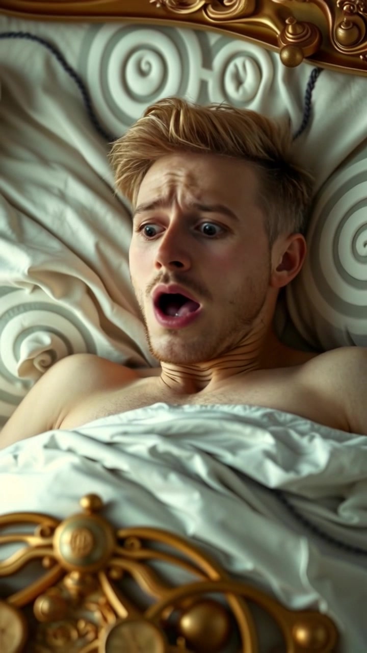 Subject: A person with a startled expression. Subject movement: The person abruptly sits up in bed, eyes wide open as if awakening from a vivid dream. Scene: A cozy bedroom filled with soft morning light spilling through the curtains, casting gentle shadows. Motion: Camera quickly zooms in on the person's face, capturing the intensity of their surprise, before pulling back to reveal the comforting surroundings.