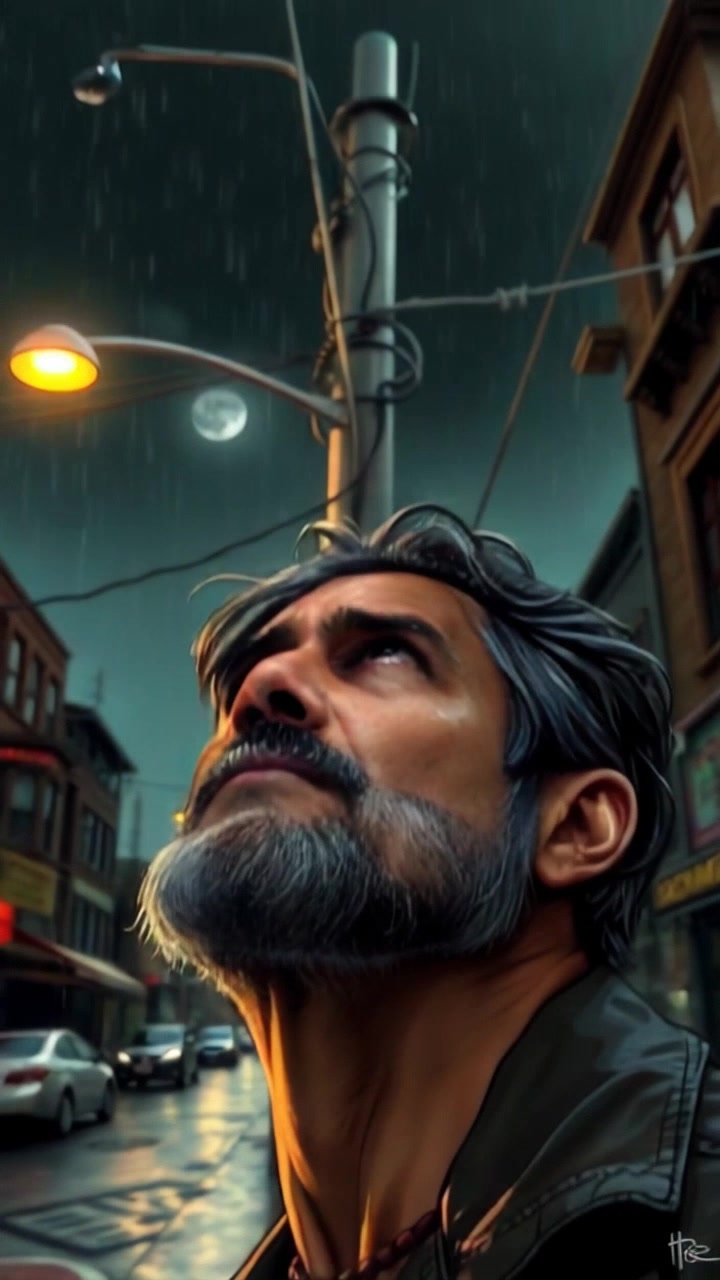 Subject: A person looking up anxiously. Subject movement: The person stands still, eyes darting to the darkening sky as the wind tousles their hair. Scene: An open space with ominous gray clouds swirling overhead, hints of an impending storm. Style: Gloomy, moody lighting emphasizing the tension in the atmosphere. Motion: A handheld camera slowly approaches from a low angle, capturing the person's expression, then tilts up dramatically to reveal the turbulent sky above.